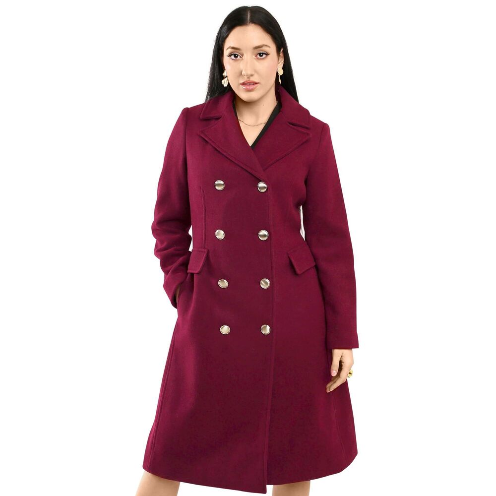 Vince Camuto Women's Double-Breasted Wool Coat with Faux Collar, Wine, Size XL